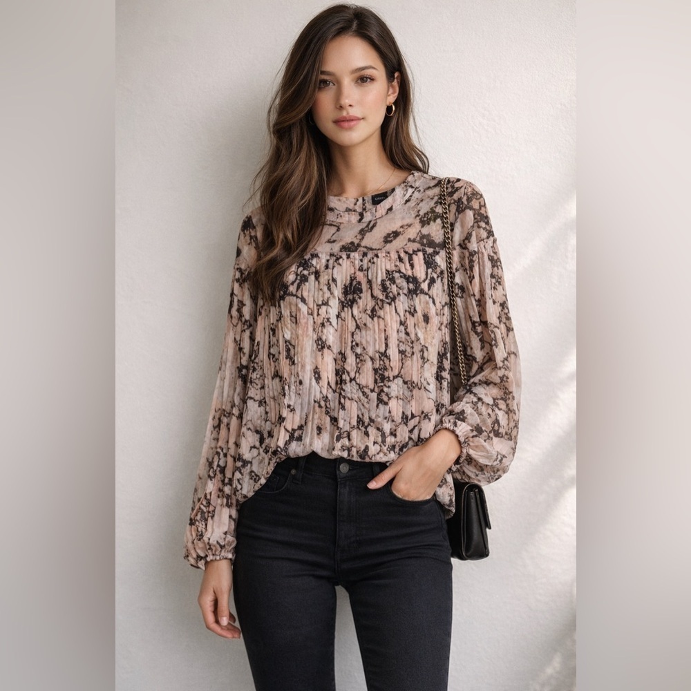 Cliche Pleated Marble Print Balloon Sleeve Blouse Size Small Neutral High Neck